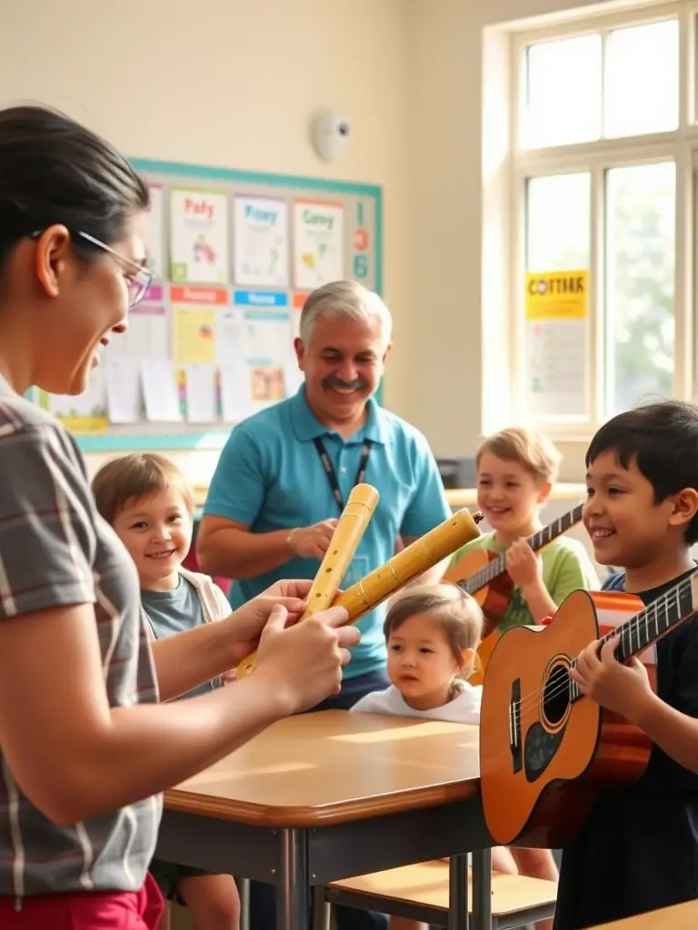 Volunteers from FAUT QU'CA BOURGES collaborating with a local school to provide music instruments and lessons to students.