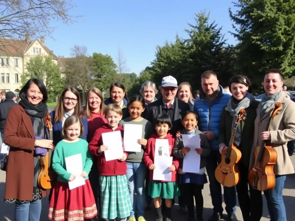 A group photo of organization members collaborating with school children and community leaders during a music outreach event, highlighting FAUT QU'CA BOURGES' partnership and outreach programs.
