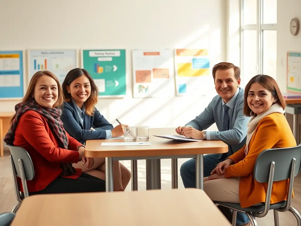 A collaborative image showing representatives from FAUT QU'CA BOURGES meeting with local school officials to discuss a music outreach program, set in a school environment.