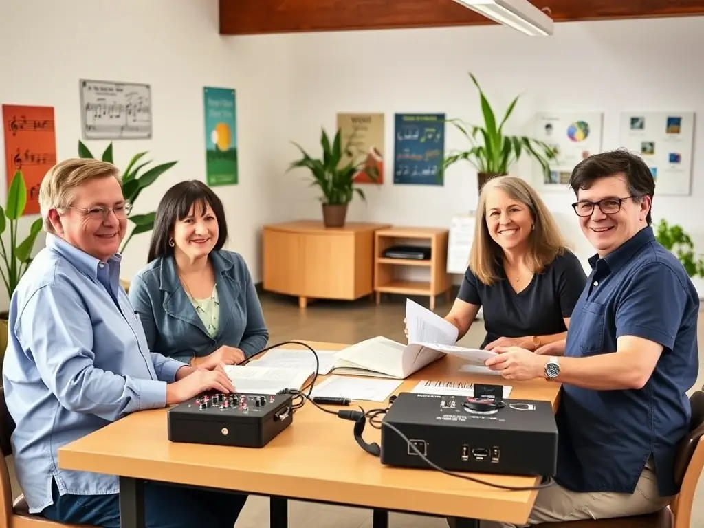 A photo showcasing a partnership between FAUT QU'CA BOURGES and a local school or business, showing people collaborating on a music-related project or event. The image should emphasize the organization's commitment to building strong community partnerships.