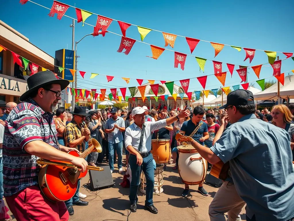 A lively photo capturing a community music event in Bourges, featuring a band performing on stage and a diverse audience enjoying the music.