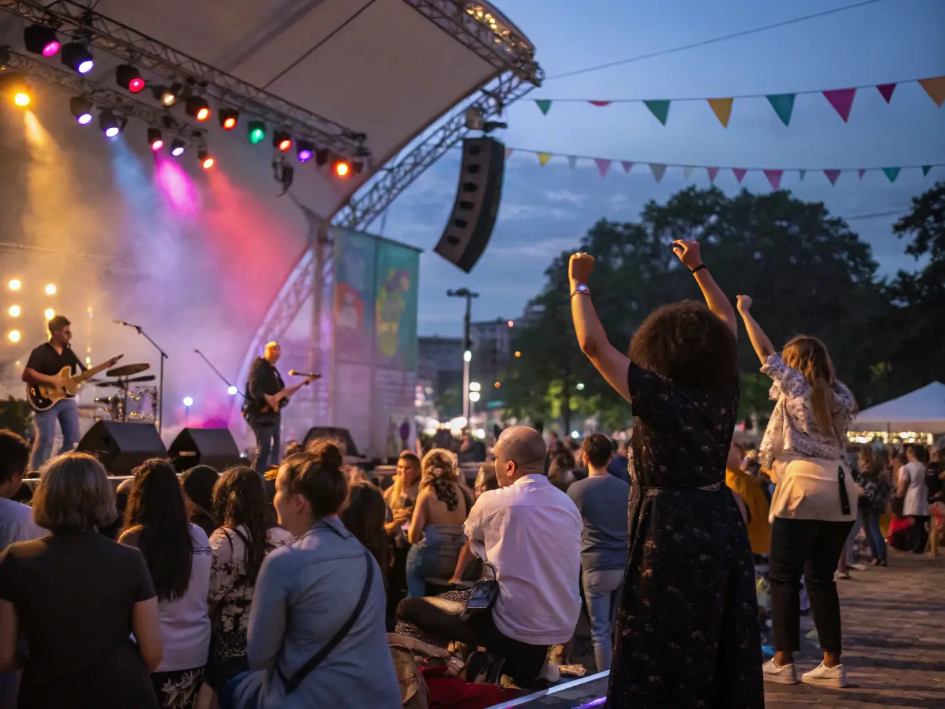 A vibrant outdoor concert scene with diverse performers and an engaged audience enjoying live music, representing FAUT QU'CA BOURGES' community music events.