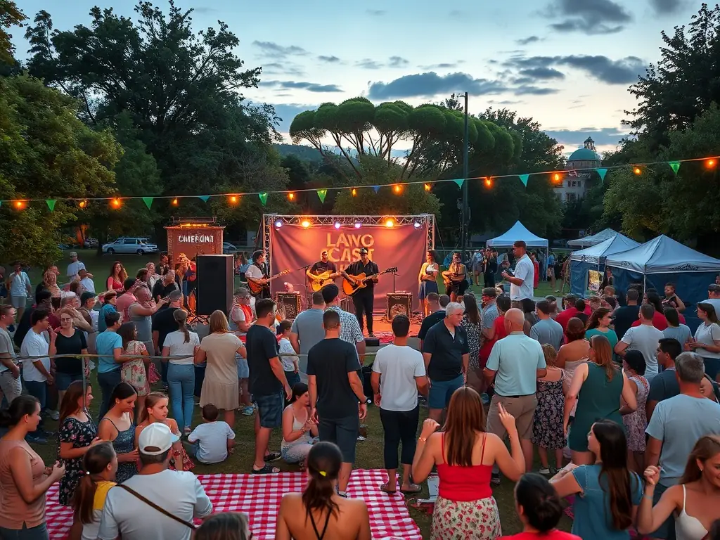 A vibrant photo of a community music event organized by FAUT QU'CA BOURGES, showing people of all ages enjoying live music in a public space in Bourges. The image should convey a sense of joy, unity, and cultural celebration.