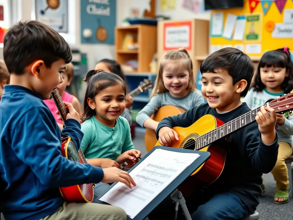 A vibrant image of a children's music workshop in Bourges, with kids playing various instruments and a teacher guiding them, set in a brightly lit classroom.