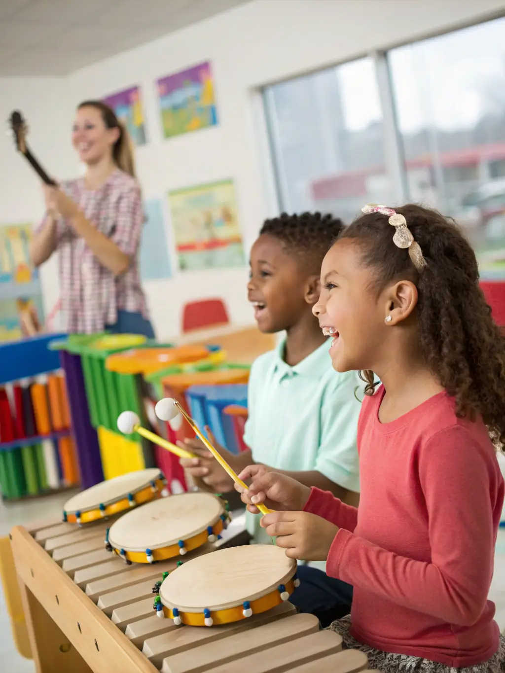 A group of children participating in a music workshop led by FAUT QU'CA BOURGES, demonstrating hands-on learning and engagement.
