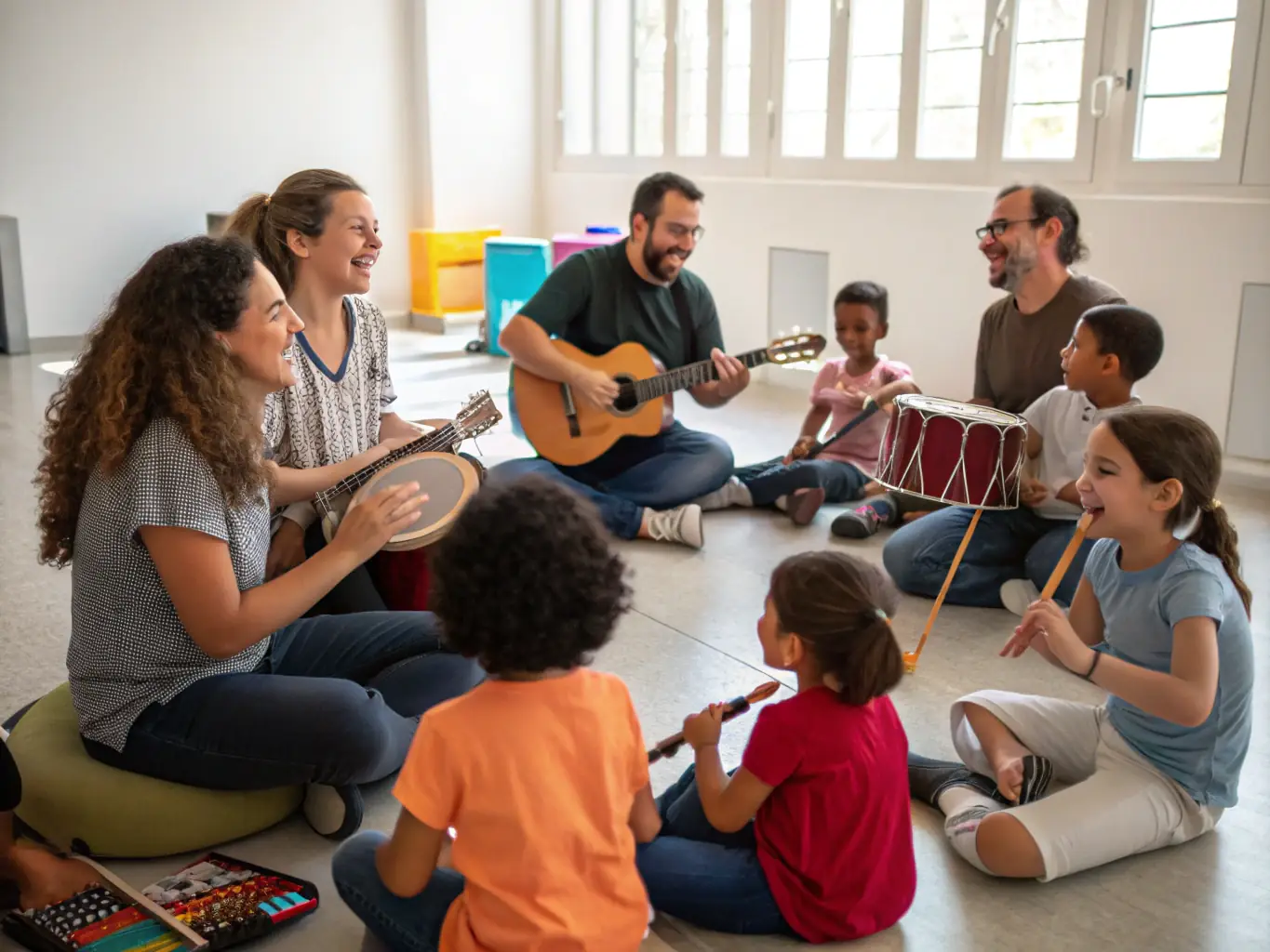 An image of children and adults participating in a lively music workshop, with instruments and enthusiastic expressions, showcasing FAUT QU'CA BOURGES' music education programs.