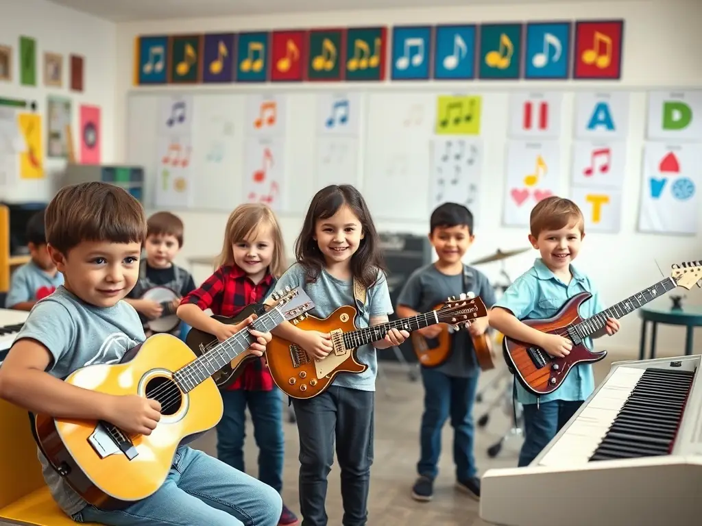 A photo of children participating in a music education workshop led by FAUT QU'CA BOURGES, showing them learning to play instruments and engaging with music in a fun and interactive way. The image should highlight the educational aspect of the organization's work.