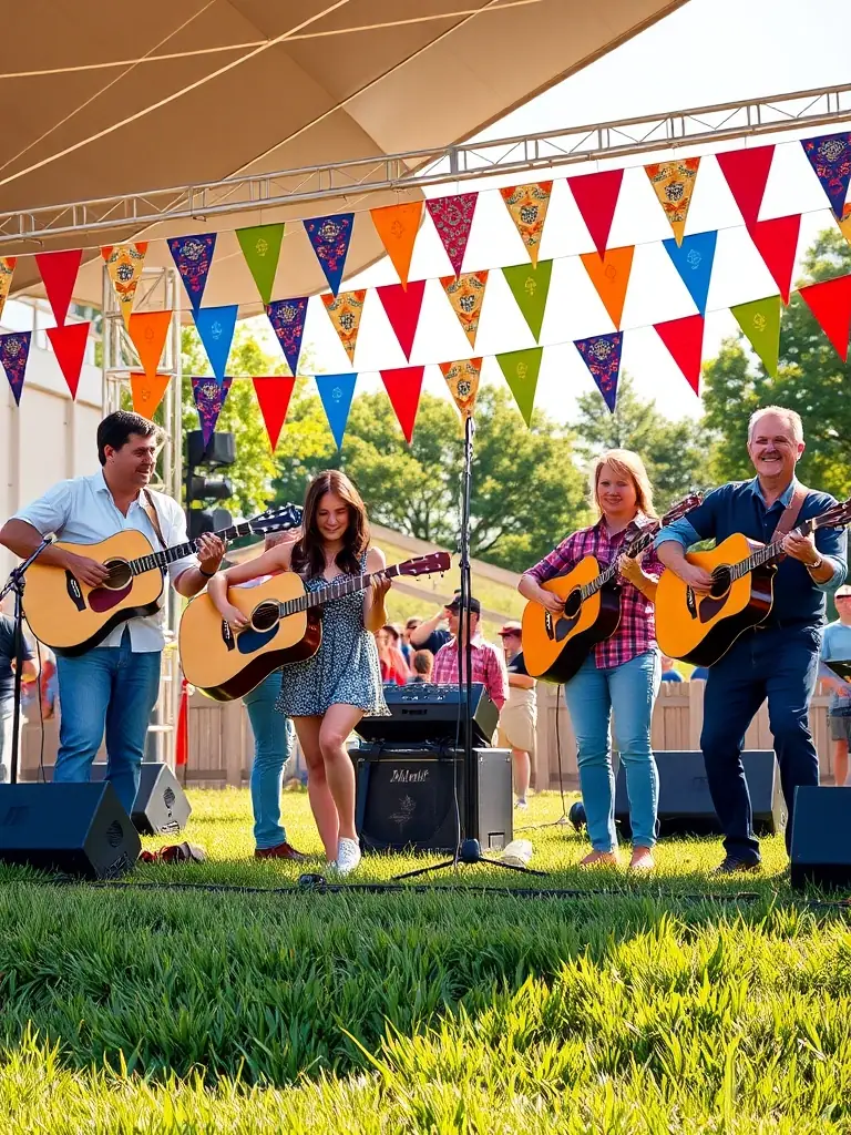 A diverse group of musicians from FAUT QU'CA BOURGES performing at a local festival, representing the organization's commitment to cultural diversity and inclusion.