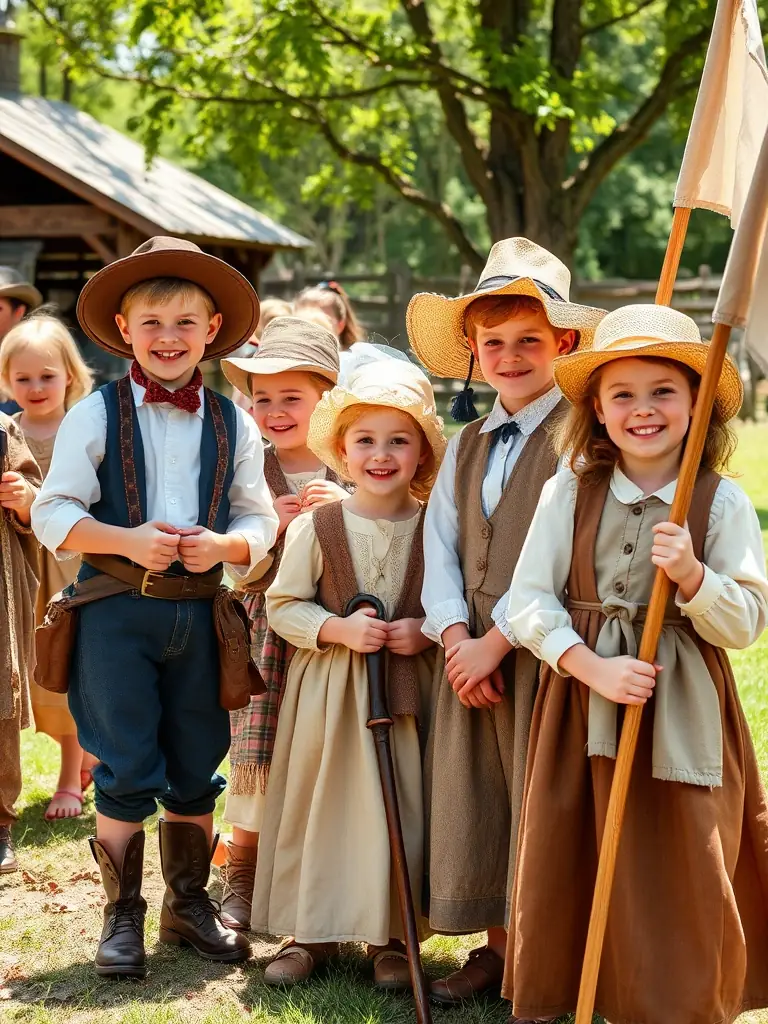 A vibrant photo of children participating in a historical reenactment at the Adair County Historical Society, dressed in period costumes and engaging in hands-on activities.