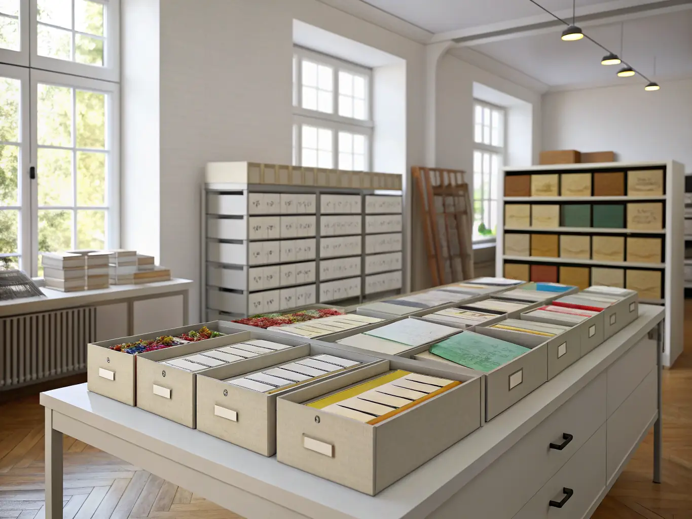 An image of archival shelves filled with historical documents and photographs, emphasizing the society's commitment to preserving historical records.