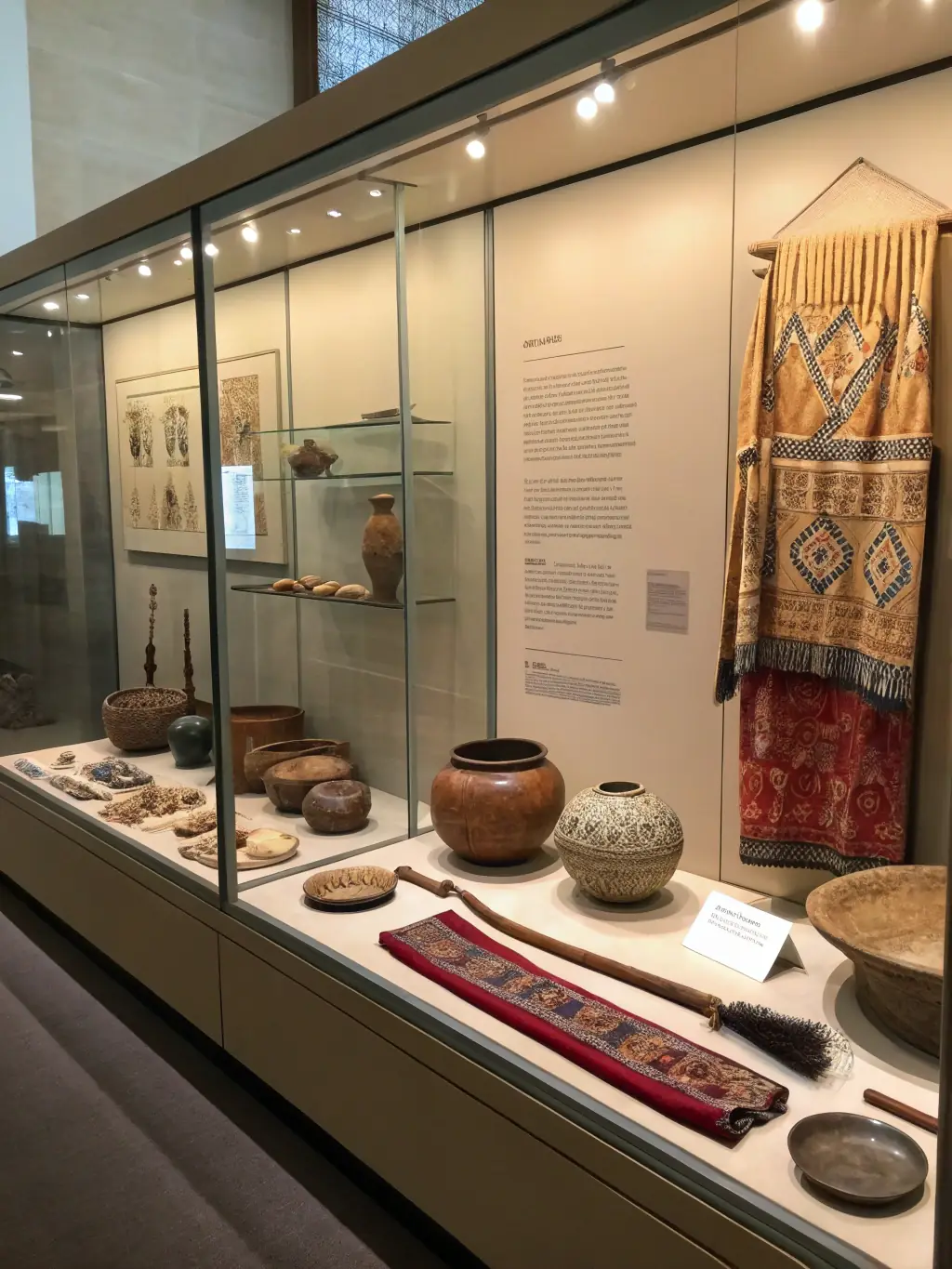 A photograph of a well-lit museum exhibit featuring artifacts from Adair County's early settlers, including tools, clothing, and household items, displayed in glass cases with informative placards.